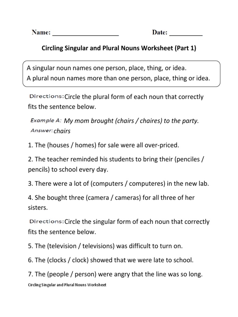 Singular And Plural Nouns Circling P 1 Beginner
