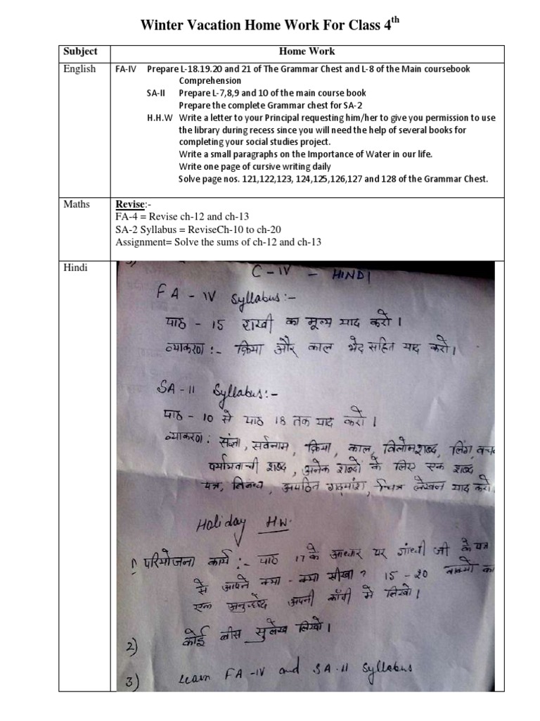Class 4 Winter Holiday Homework | PDF