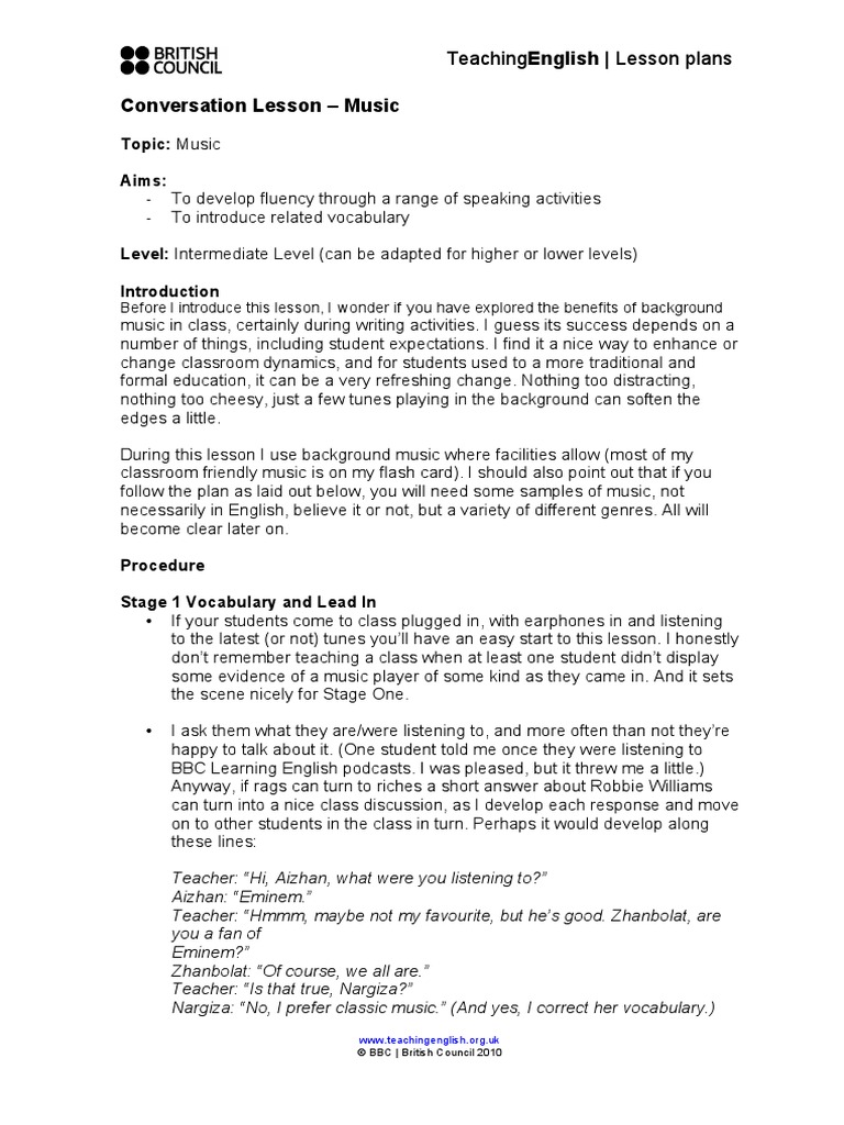 Conversation Music Lesson Plan PDF | PDF | Lesson Plan | Conversation