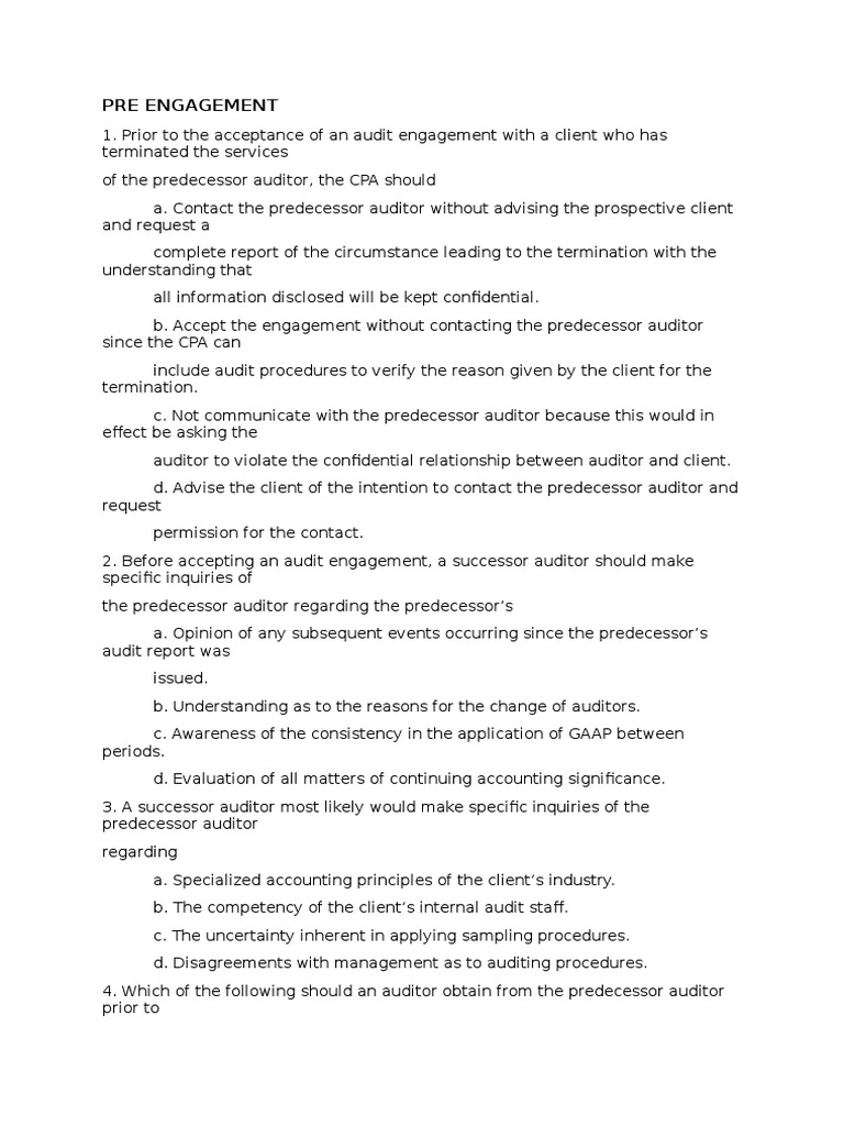 Pre Engagement MCQs | PDF | Audit | Auditor's Report