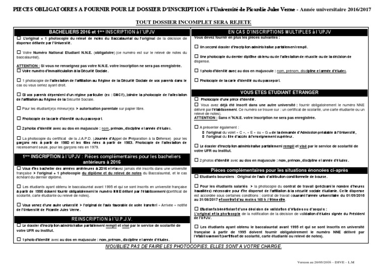 Liste Des Pieces a Fournir 2016 Version 2 Du 20052016  Université