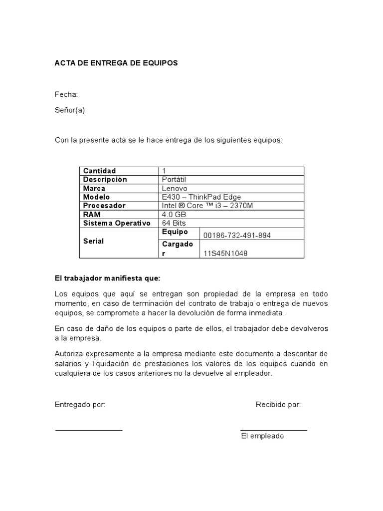 Acta de Entrega Equipos | PDF