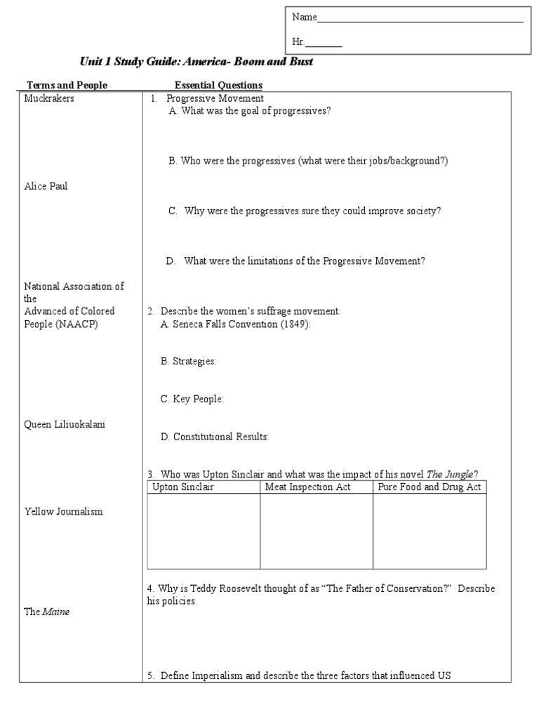 Unit 1 Study Guide: America-Boom and Bust: Terms and People Essential ...