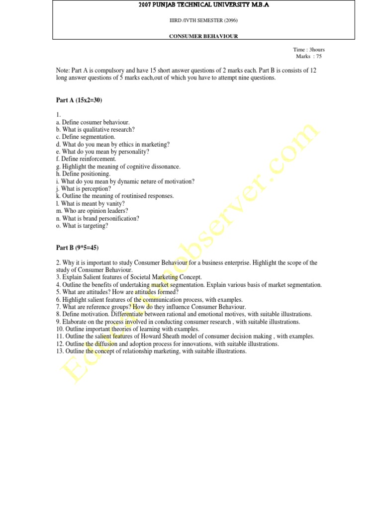 MBA Consumer Behaviour Exam Guide | PDF