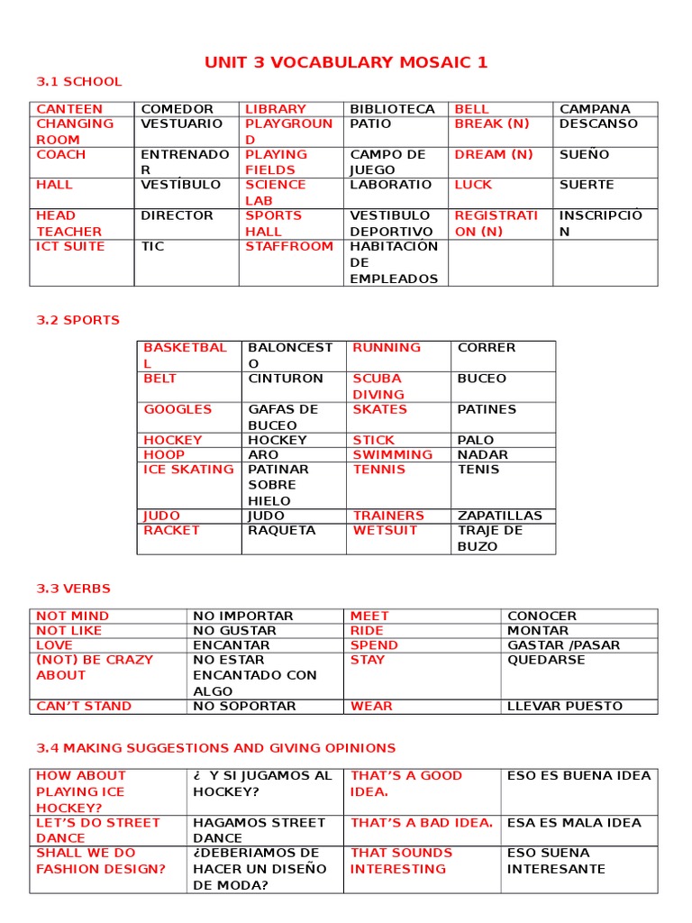 vocabulary sheet unit 3