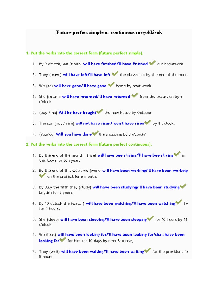 Future Perfect Simple or Continuous Megoldások | PDF | Perfect 