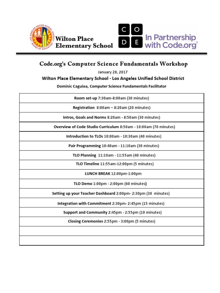 Code.org CS Fundamentals Workshop Agenda | PDF