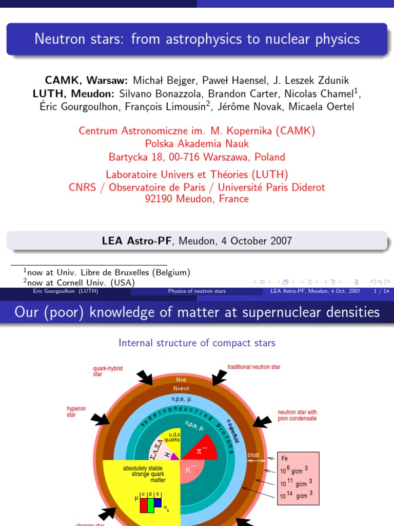 Neutron Stars: From Astrophysics To Nuclear Physics: Now at Univ. Libre ...