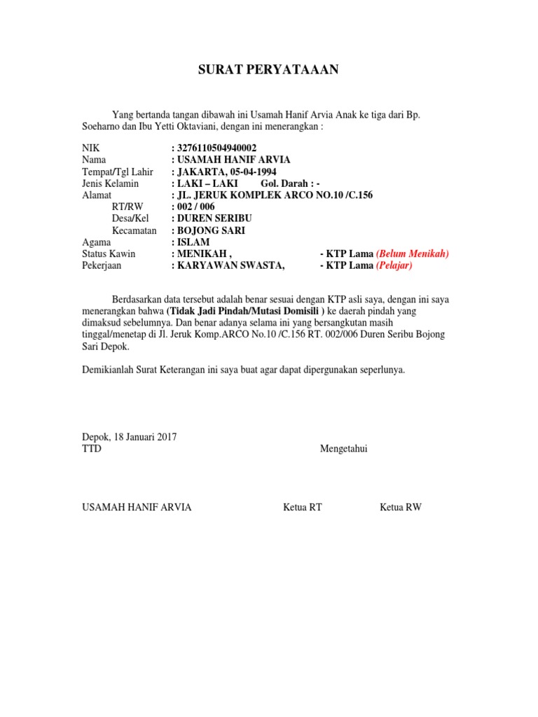 Surat Keterangan Tidak Jadi Dah Domisili