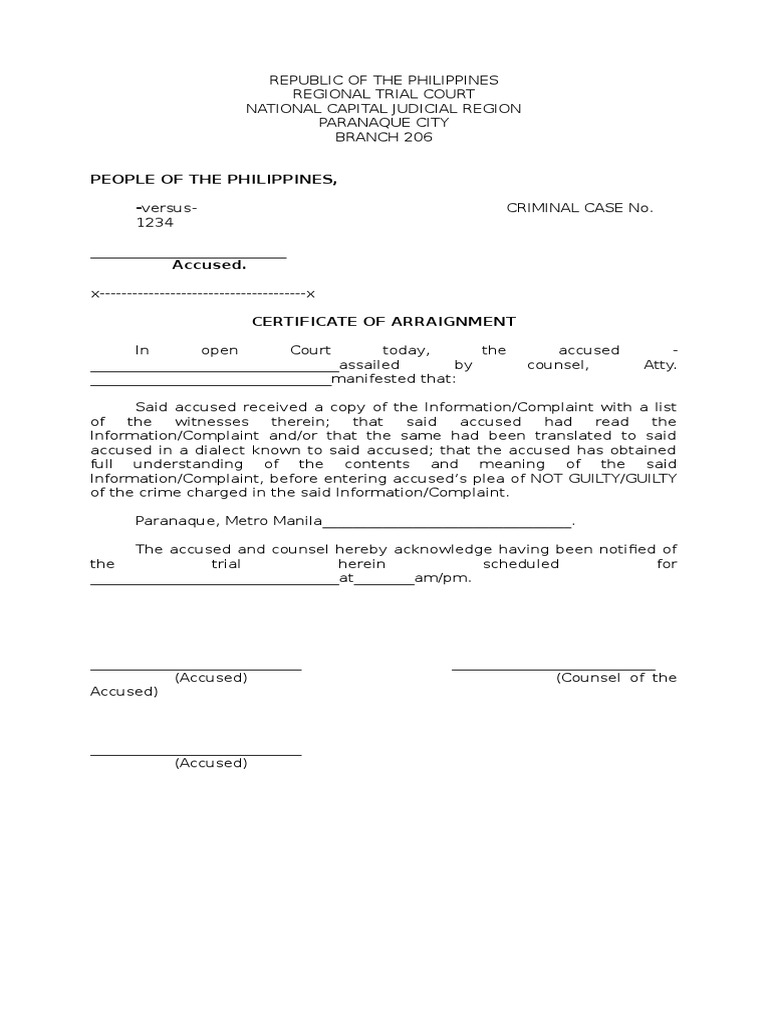 Certificate of Arraignment Document | PDF
