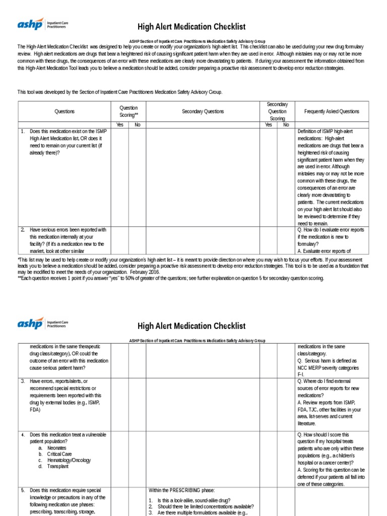 FINAL High Alert Checklist Updated | PDF | Patient | Risk