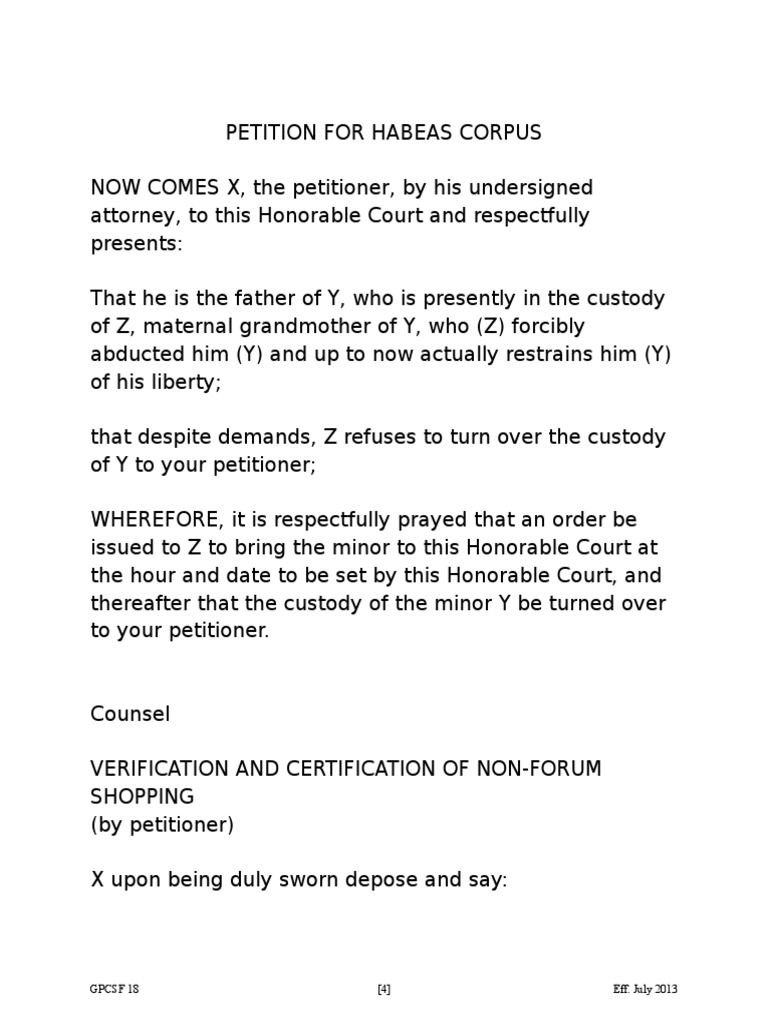 Template of a habeas corpus petition