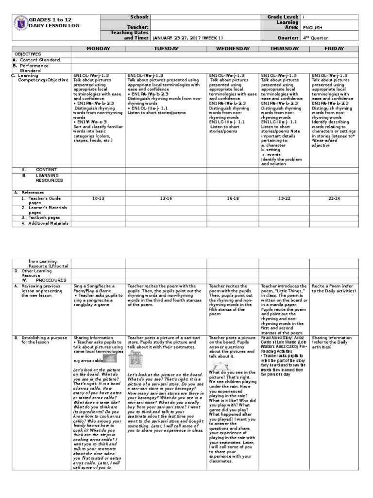 GRADES 1 To 12 Daily Lesson Log: School: Grade Level: Teacher: Learning ...