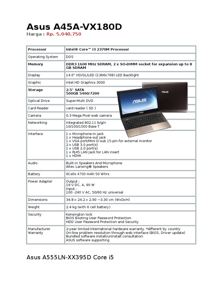 Asus A45A-VX180D: Harga | PDF