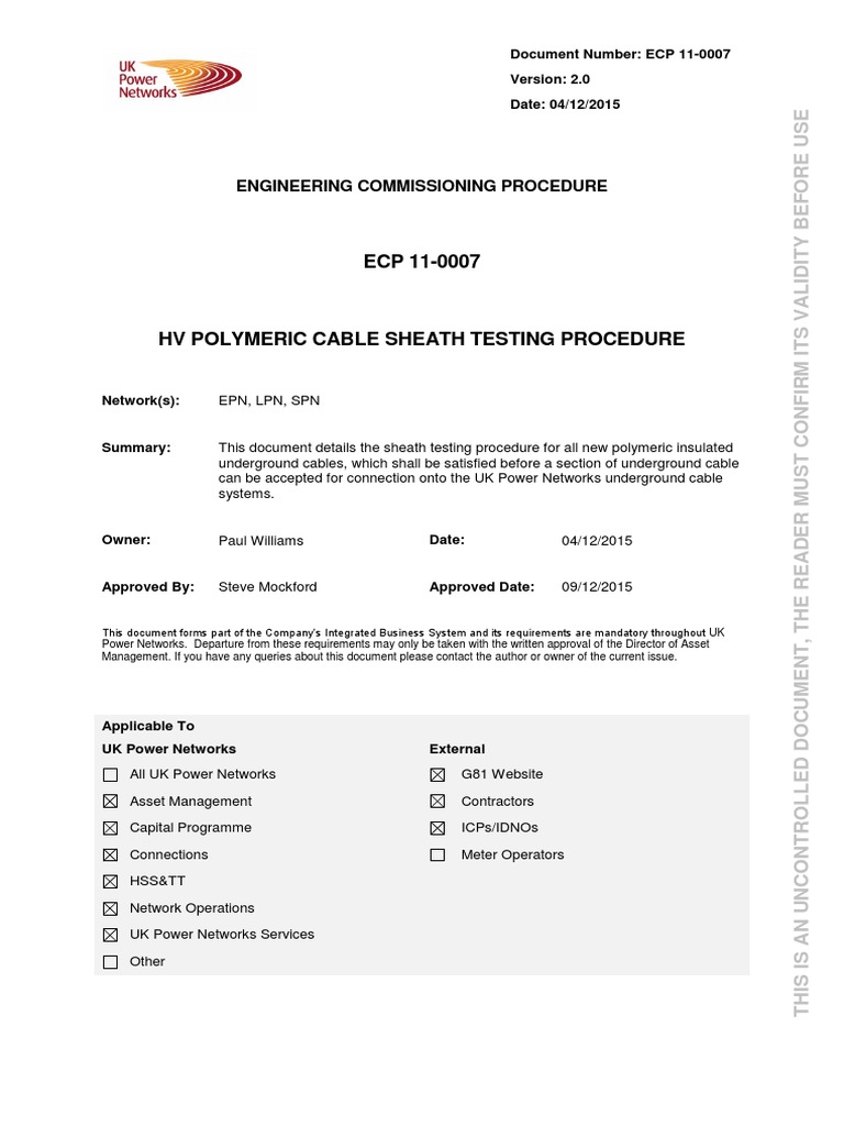 ECP 110007 Polymeric Cable Sheath Testing Procedure PDF Cable
