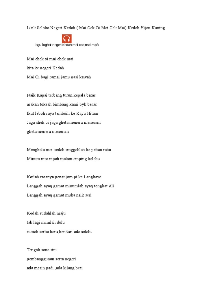 Lirik Lagu Negeri Kedah Himpunan Lirik Lagu Negeri