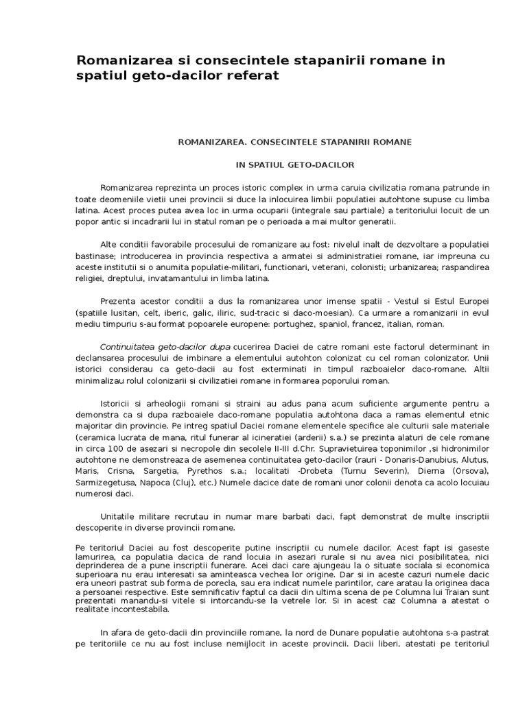 Romanizarea Si Consecintele Stapanirii Romane In Spatiul Geto