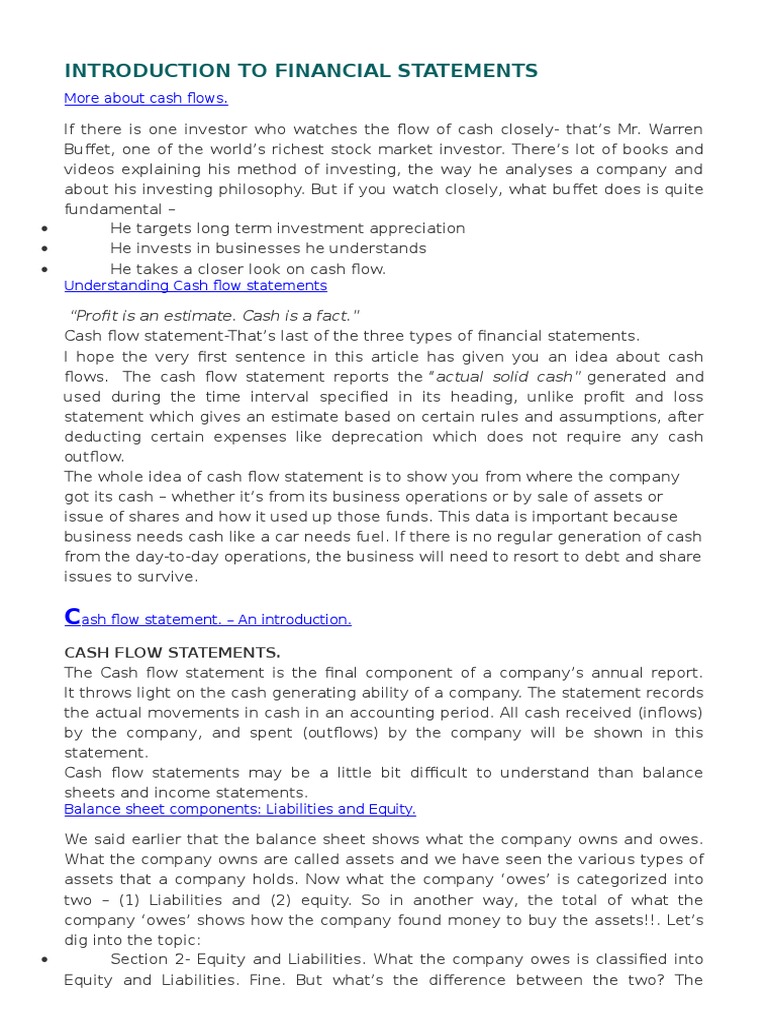 Introduction To Financial Statements Pdf Income Statement Expense