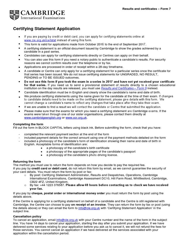 Certifying Statement Application Results and Certificates Form 7 | PDF ...