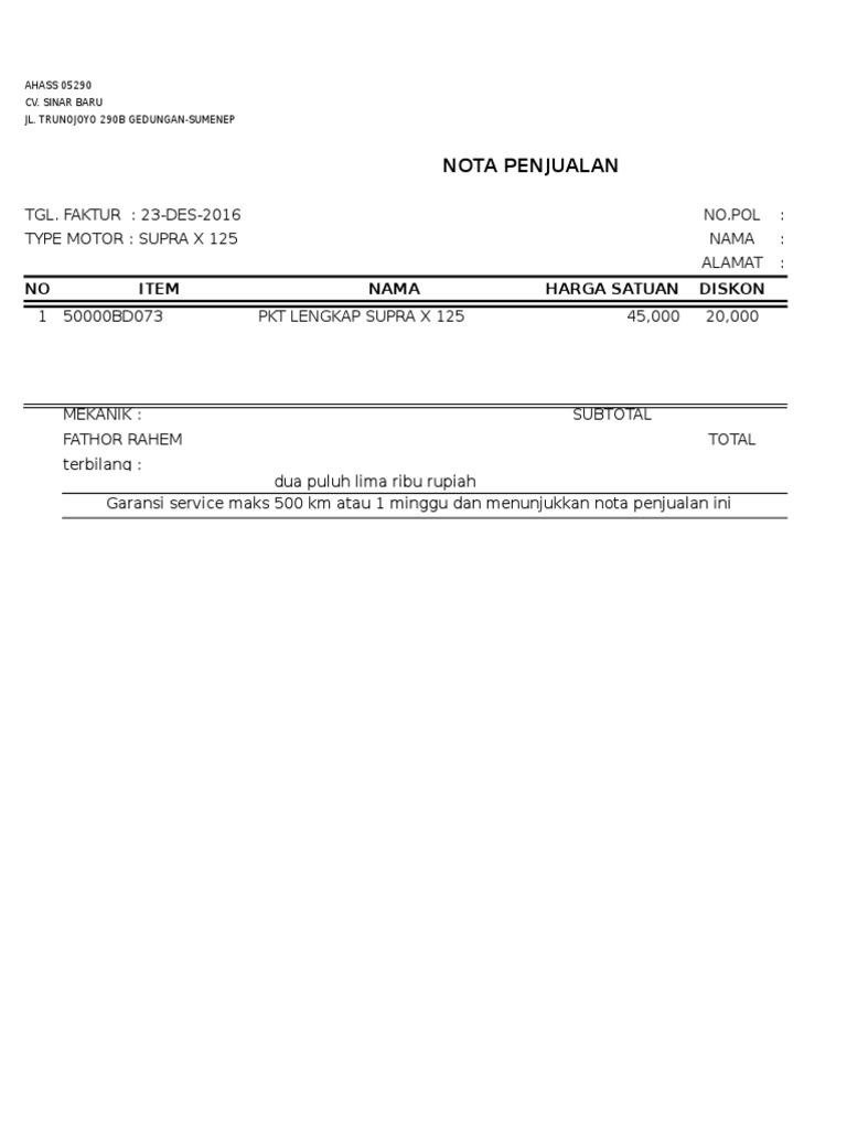 Nota Penjualan Motor Supra X 125 | PDF