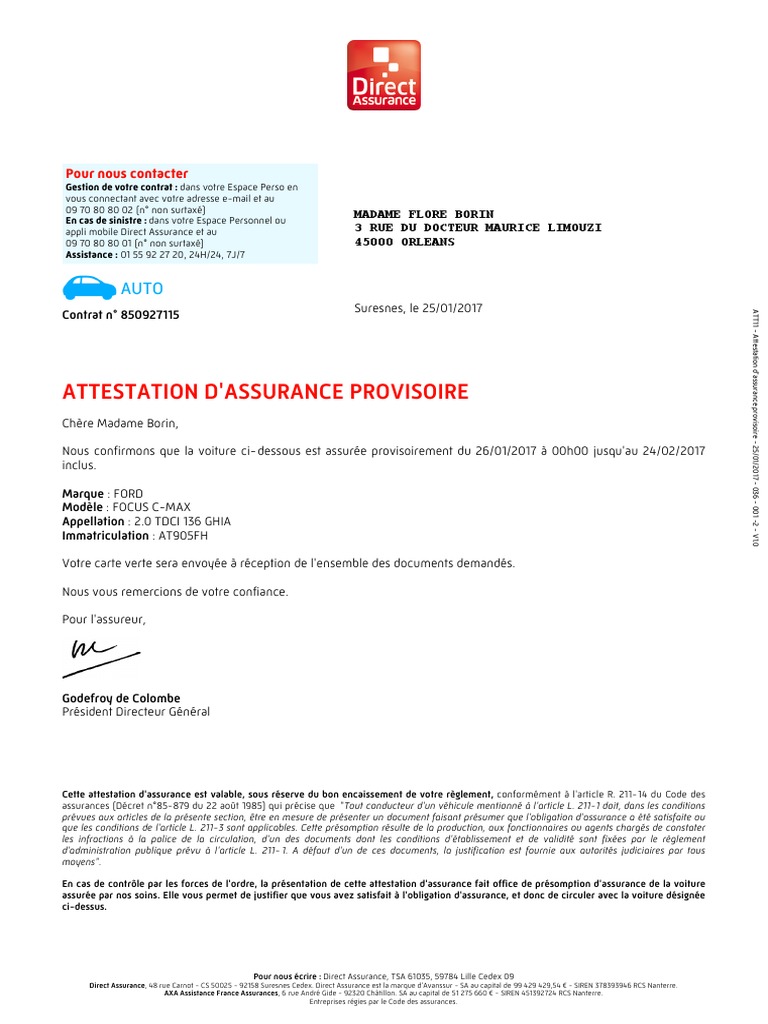 Carte Verte D Assurance Auto Vierge Pdf Attestation D'assurance Provisoire PDF | PDF
