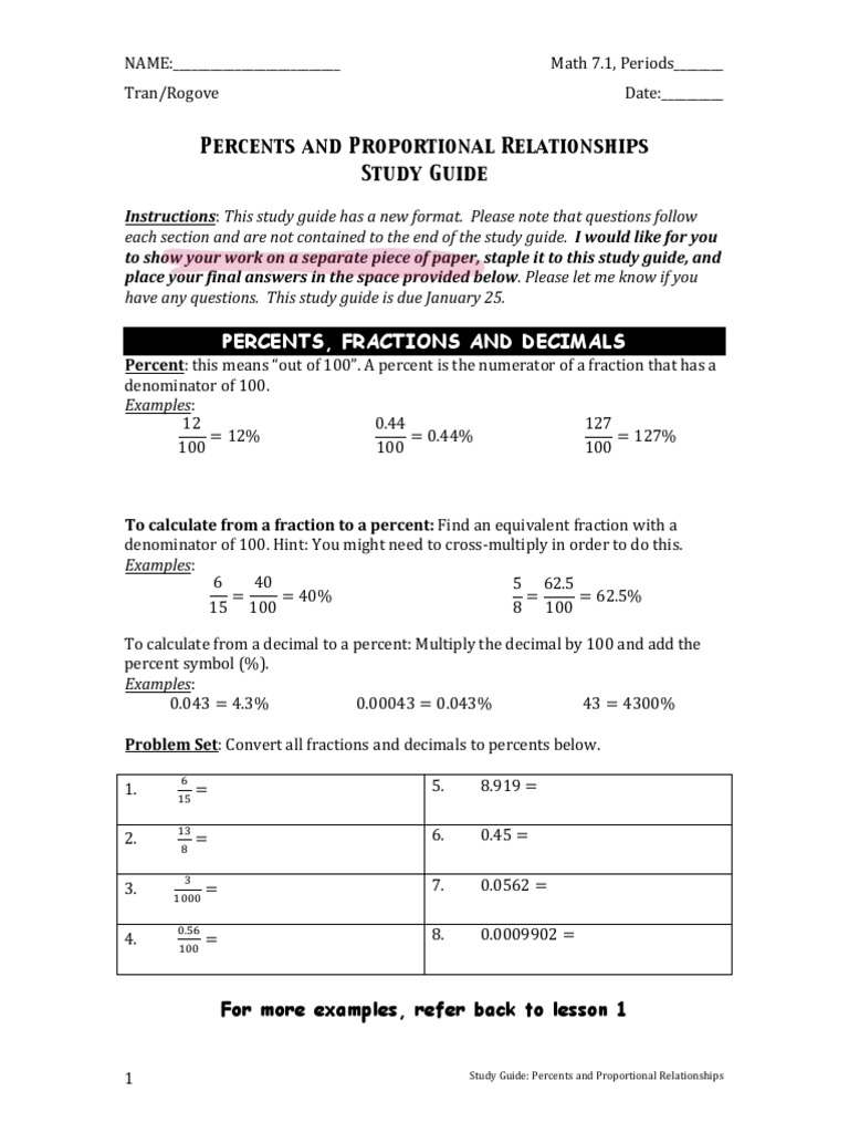 Study Guide: Percents & Proportions | PDF | Fraction (Mathematics ...