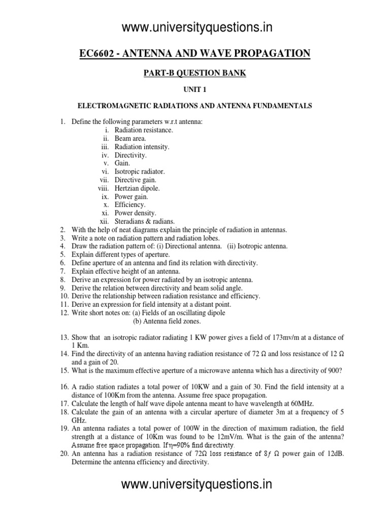 Ec 6602 Antenna and Wave Propagation Important Questions PDF