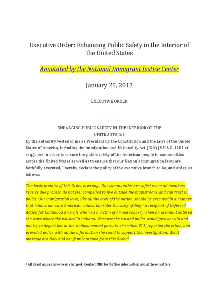 Interior Enforcement Executive Order Annotated by National Immigrant