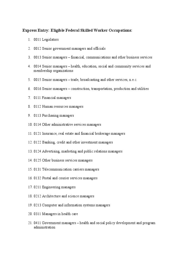 Express Entry Eligible Federal Skilled Worker Occupations PDF
