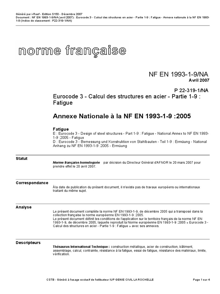 NF En 1993 1 9NA Avril 2007 Eurocode 3 Calcul Des Structures En