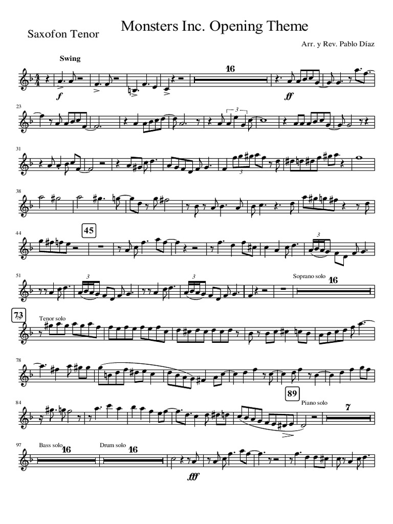 Monsters IncSaxo Tenor PDF Musical Compositions Musical Instruments