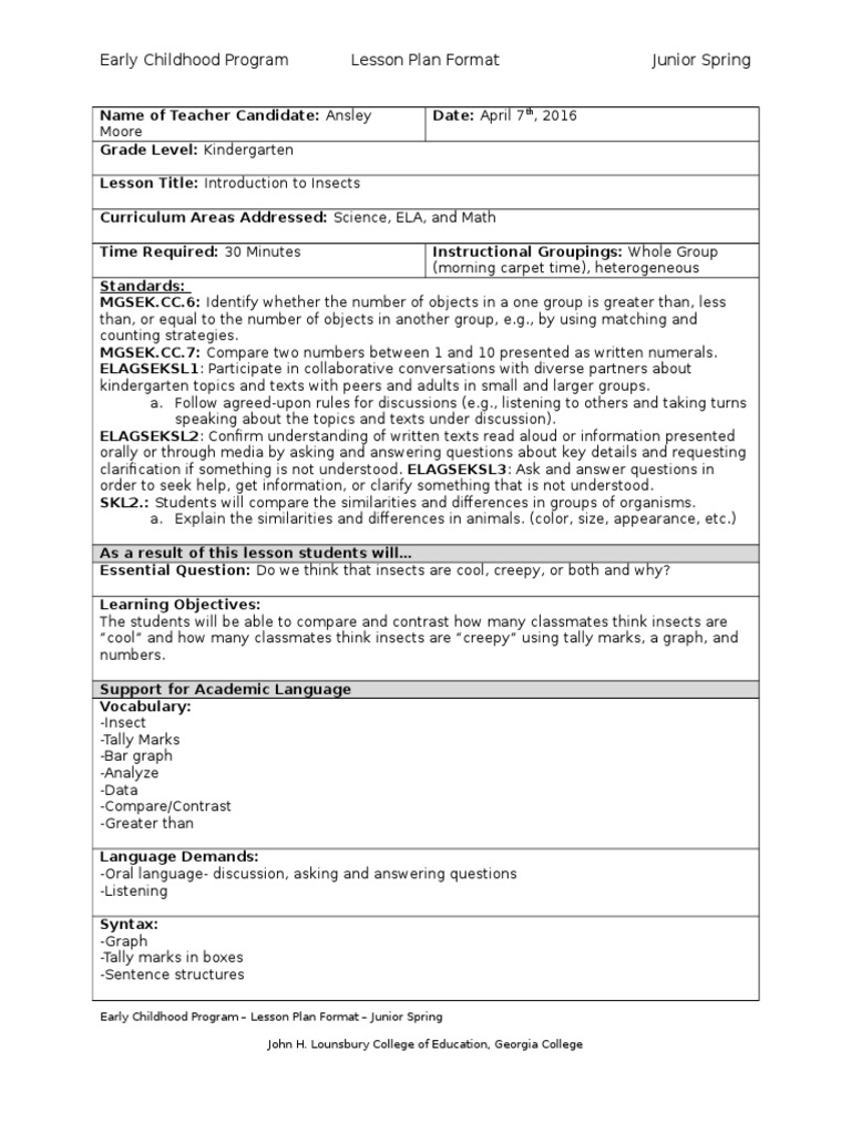 Mini Unit Insects Lesson Plan 1 Revised PDF Early Childhood