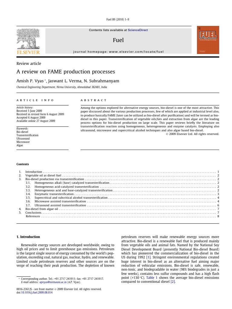 FAME Production Processes for Bio-Diesel | PDF | Algae Fuel | Biodiesel