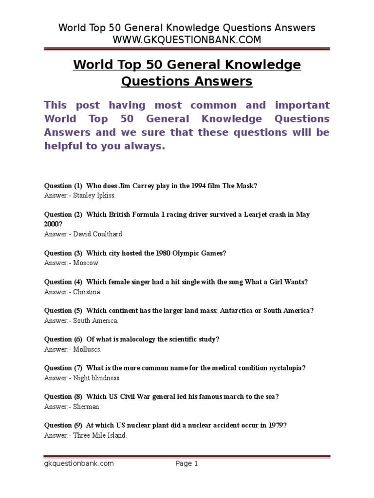 World Top 50 General Knowledge Questions Answers | Leisure | Sports