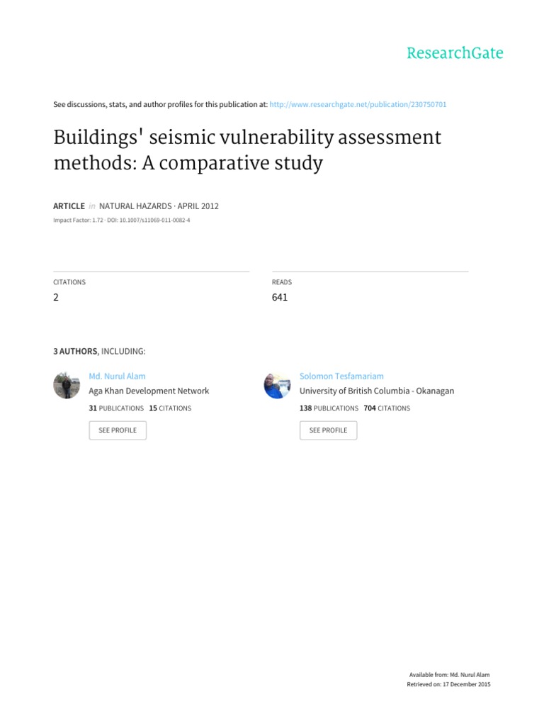 Seismic Vulnerability Assessment Methods | PDF | Vulnerability ...