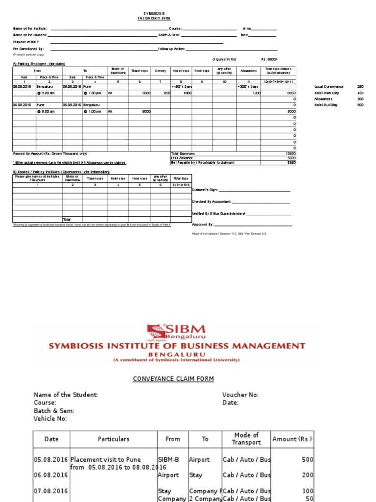 Symbiosis TA/DA Claim Form Template | PDF | Career & Growth | Finance ...