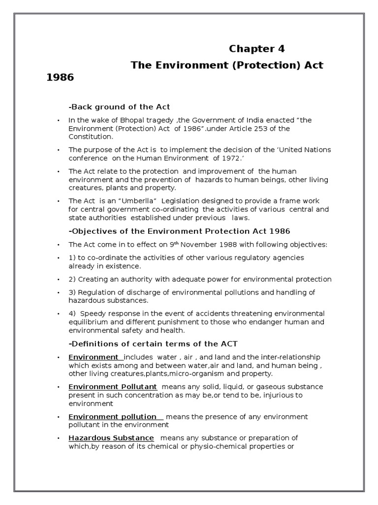 The Environmental Protection Act of 1986 An Umbrella Legislation for