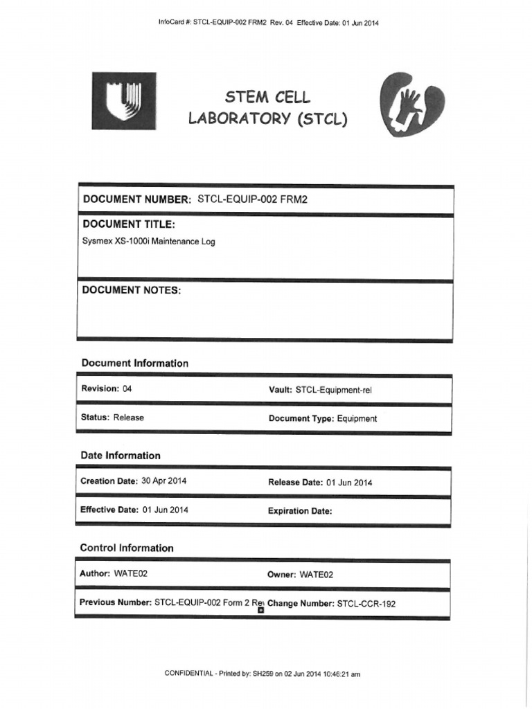 STCL-EQUIP-002 FRM2 Sysmex XS-1000i Maintenance Log | PDF