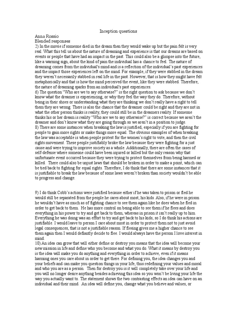 Inception Questions Answers PDF Idea Thought