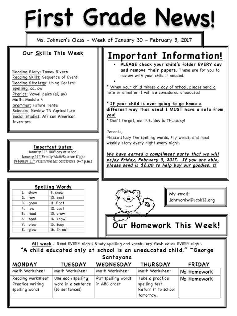 Weekly Homework Overview for Ms. Johnson's Class | PDF