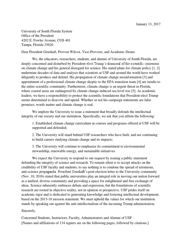 Letter on Scientific Research and Intellectual Integrity at USF