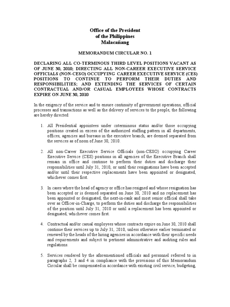 Memorandum Circular No. 1 President Of The Philippines Common Law