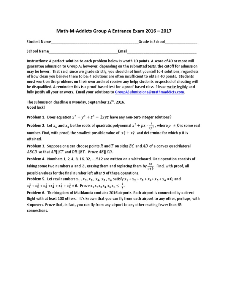 Math-M-Addicts Group A Entrance Exam 2016 - 2017 | PDF | Business ...