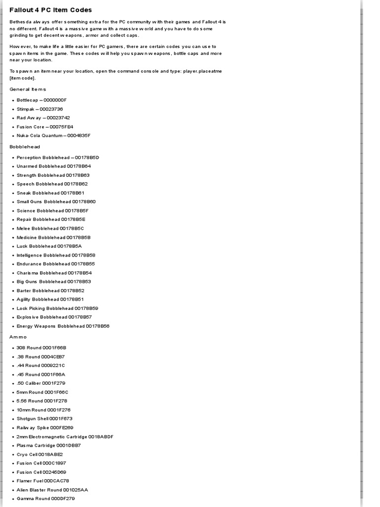 Fallout 4 PC Item Codes PDF PDF