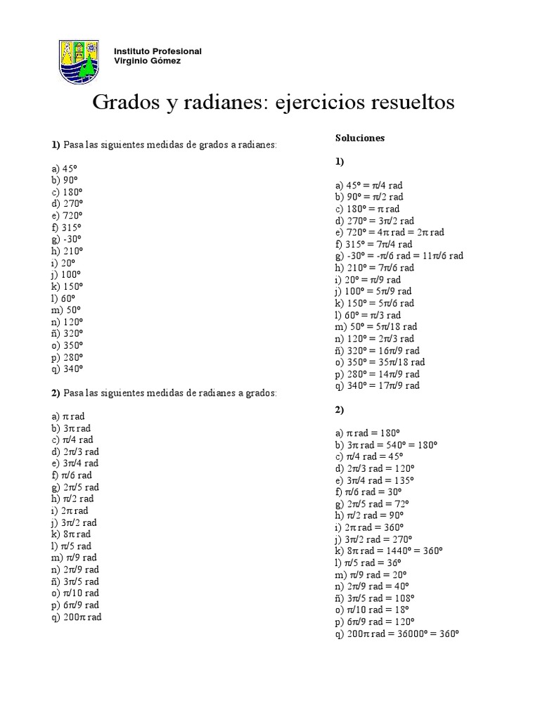 Ejerccios De Conversion De Radianas A Grados