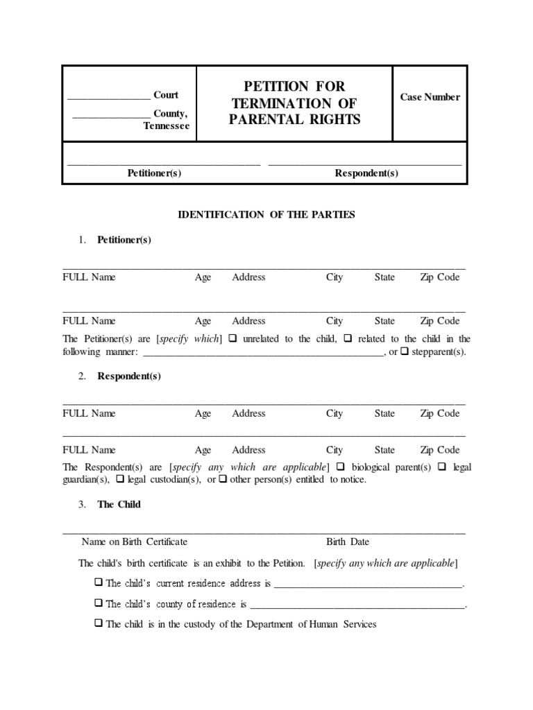Parental Rights Termination Petition | PDF | Child Custody | Legal Guardian for Free Printable Guardianship Forms Tennessee