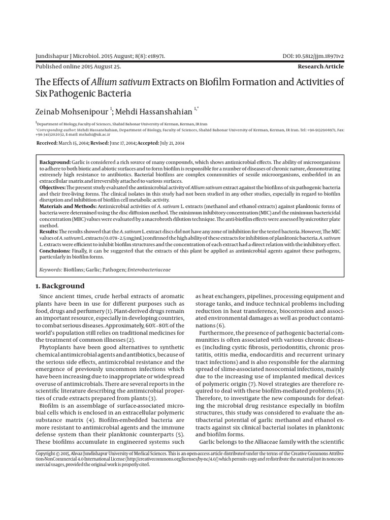 The Effects of Allium Sativum Extracts On Biofilm Formation and ...