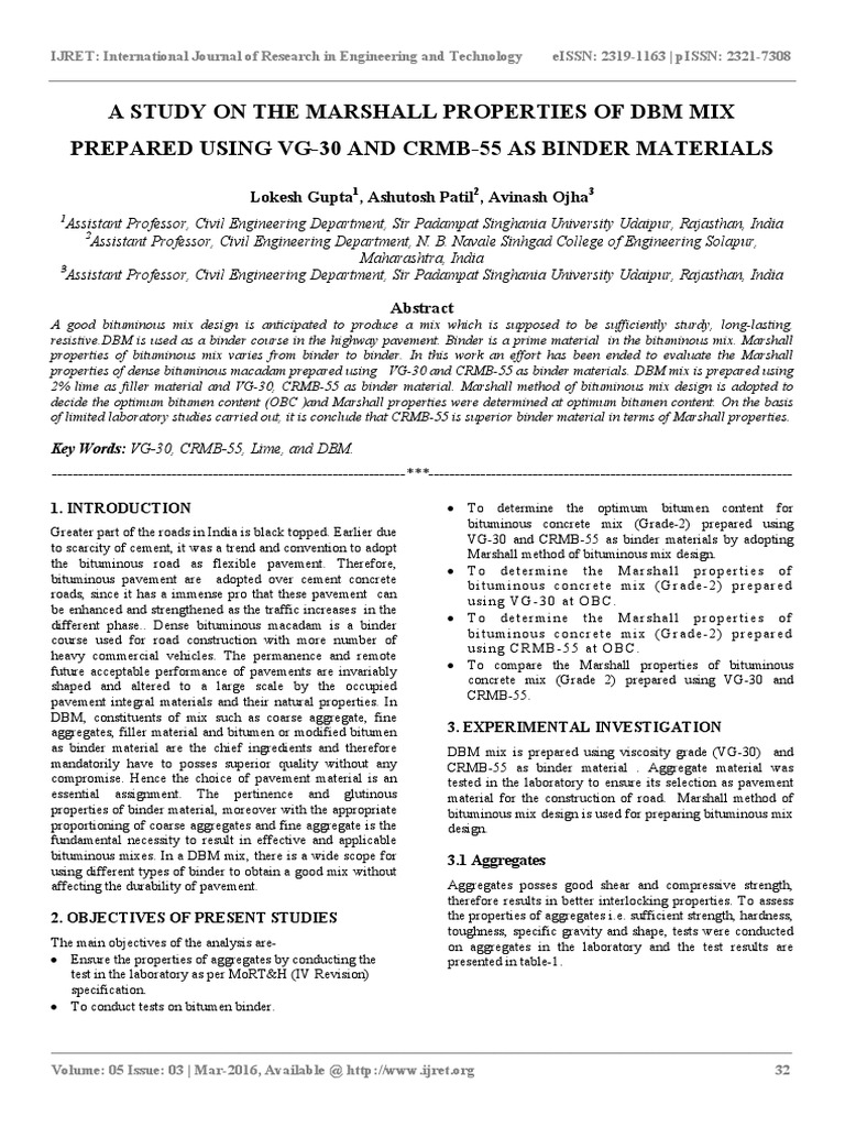 A Study On The Marshall Properties of DBM Mix Prepared Using VG-30 and ...