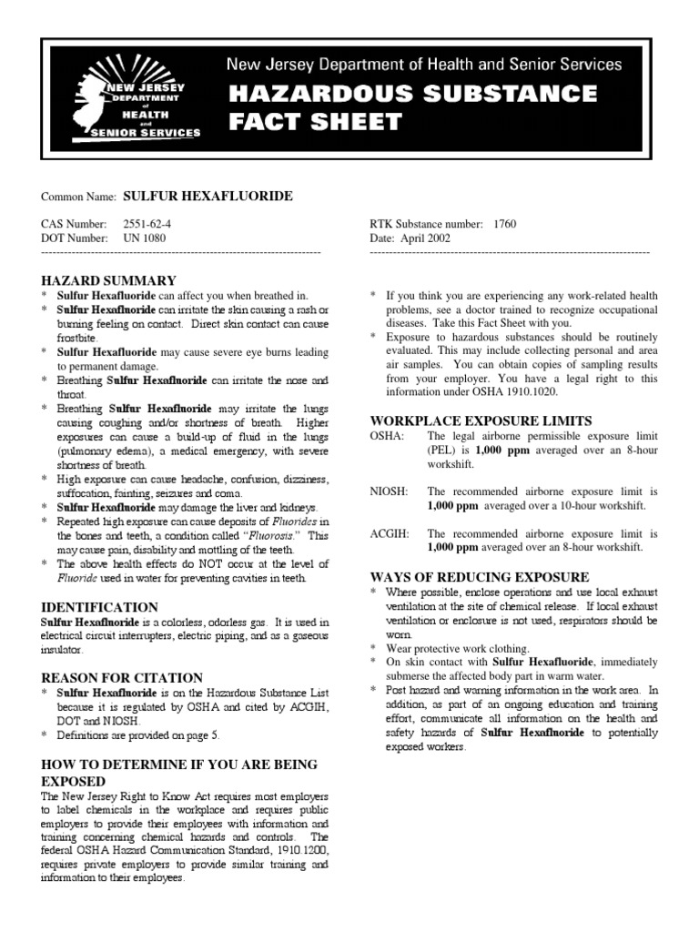 Hazardous Substance Fact Sheet (SF6) PDF Personal Protective