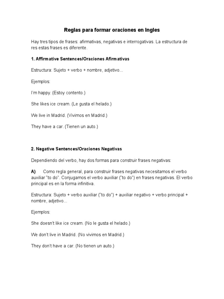 Reglas para Formar Oraciones en Ingles | PDF